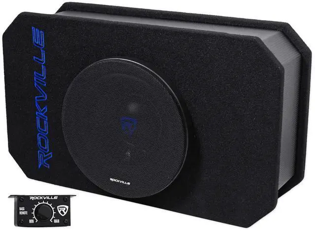 Main image of RMW8A 800W 8" Powered Truck Subwoofer, Class-D Amp, 4 Ohm, Slim Ported Enclosure, Remote Bass Control, Durable MDF with Grill, for Car Audio
