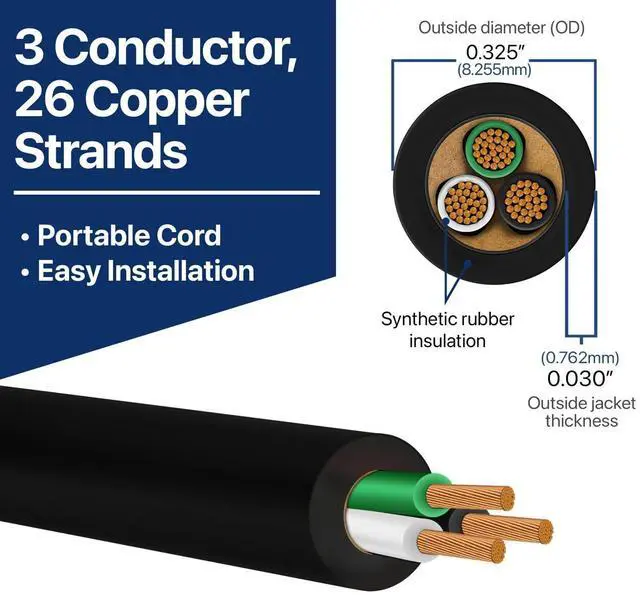 Alt view image 2 of 4 - 16/3 SJOOW 300V Cable 16 Gauge (16 AWG) Portable Power Cable with 3 Conductors Fully Annealed Stranded Bare Copper Wires Water & Oil Resistant for Heavy Duty Industrial Use USA Made (100ft)