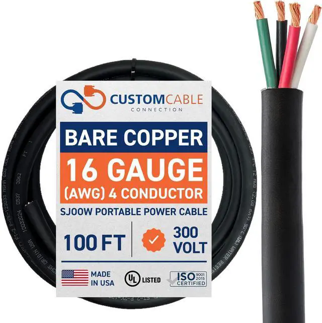 Main image of 16/4 SJOOW 300V Cable 16 Gauge (16 AWG) Portable Power Cable with 4 Conductors Fully Annealed Stranded Bare Copper Wires Water & Oil Resistant for Heavy Duty Industrial Use USA Made (100ft)