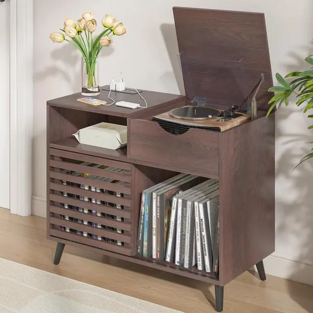 Main image of Record Player Stand,Turntable Stand with Vinyl Record Storage,Record Player Table with Power Socket,Vinyl Record Storage Cabinet w/Wooden Legs,Record Player Stand for Bedroom (Walnut)