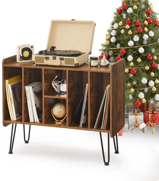 Main image of Record Player Stand with Display Area, Wooden Turntable with Storage, Holds Up to 300 Albums (Brown)