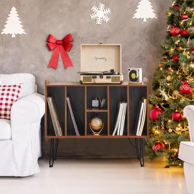Alt view image 6 of 6 - Record Player Stand with Display Area, Wooden Turntable with Storage, Holds Up to 300 Albums (Brown)