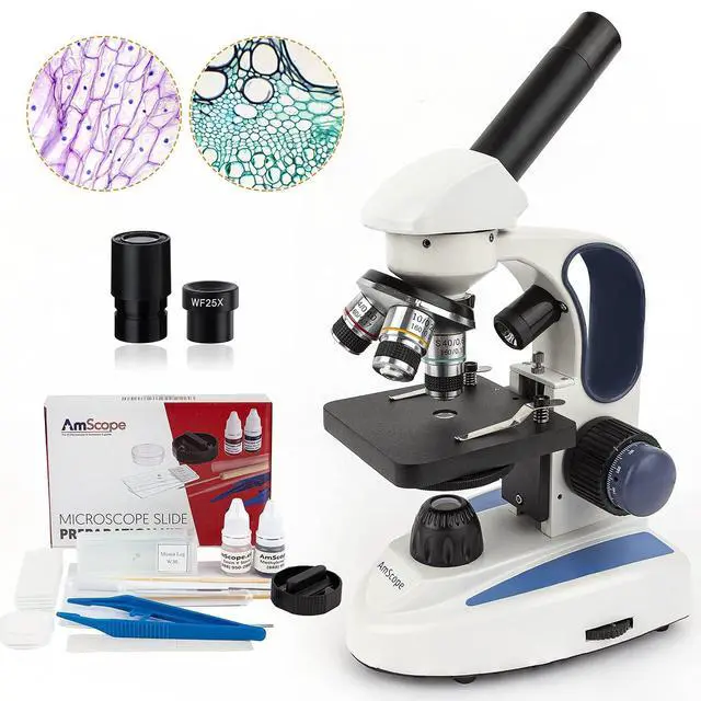 Main image of 40X-1000X Cordless Dual LED Illumination Lab Compound Monocular Microscope + SP-14 Slide Preparation Kit with Blank & Prepared Slides and Stains