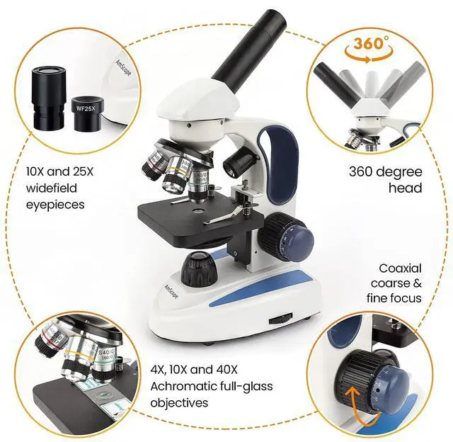 Alt view image 2 of 4 - 40X-1000X Cordless Dual LED Illumination Lab Compound Monocular Microscope + SP-14 Slide Preparation Kit with Blank & Prepared Slides and Stains