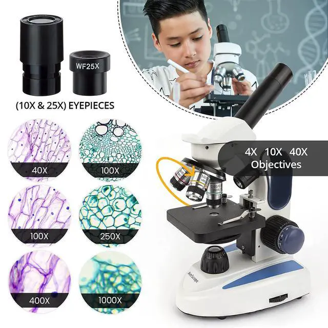Alt view image 3 of 4 - 40X-1000X Cordless Dual LED Illumination Lab Compound Monocular Microscope + SP-14 Slide Preparation Kit with Blank & Prepared Slides and Stains