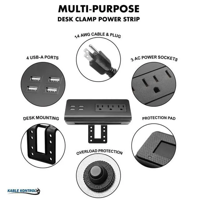 Alt view image 2 of 4 - Desk Clamp Power Strip with 4 USB-A Ports, Nightstand Charging Station, 3 AC Outlets, Fast Charger, Easy Installation for Home, Offices, Hotels 4.9 Ft, Black, 5 Pcs