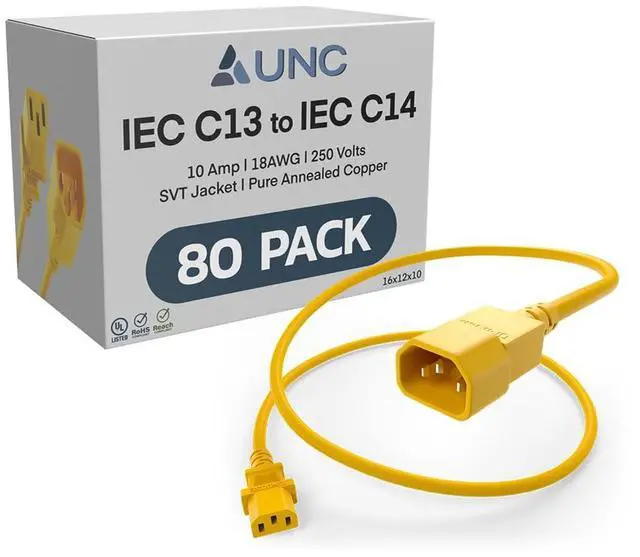 Main image of 80 Pack 6ft PDU Power Cable C13 to C14 10Amp 18AWG 250V SVT Jacket UL Listed, Yellow, 6 Foot
