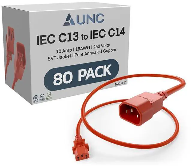 Main image of 80 Pack 6ft PDU Power Cable C13 to C14 10Amp 18AWG 250V SVT Jacket UL Listed, Red, 6 Foot