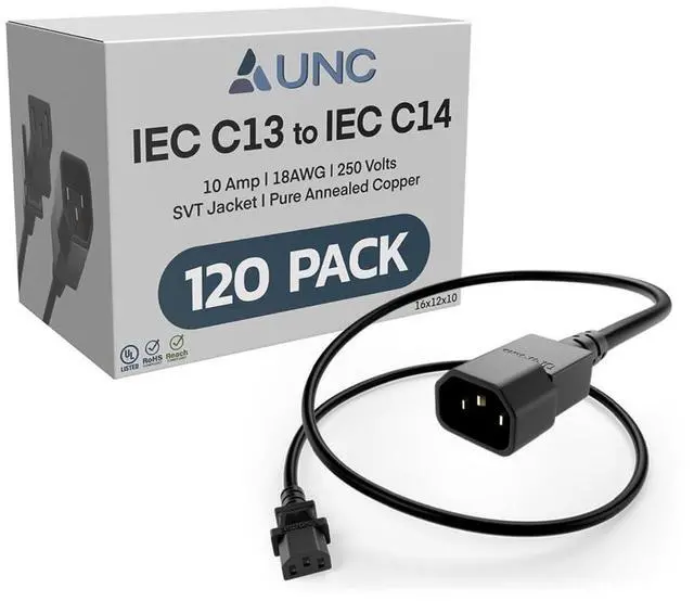 Main image of PDU Power Cable C13 to C14, 2.5 Foot - 120 Pack Black, 10 Amp - SJT 250V, UL Listed, 18AWG IEC Extension Cord, Reliable Server Rack Power Cable for PDU, UPS, Network Equipment, Data Centers