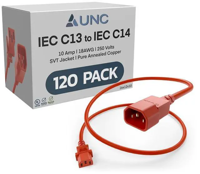 Main image of 120 Pack 2.5ft PDU Power Cable C13 to C14 10Amp 18AWG 250V SVT Jacket UL Listed, Red, 2.5 Foot