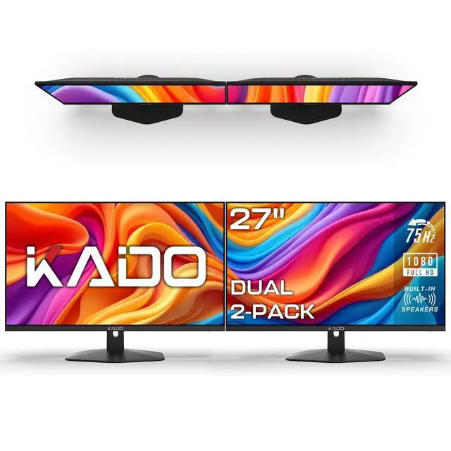 Main image of 2-Pack Dual 27" Flat Screen 1920x1080 75Hz FHD Computer Monitor | Dual Monitor Setup HDMI Office Gaming Hybrid, VESA Wall Mount Arm Mount Built-in Speakers, Panoramic Display Multi-tasking