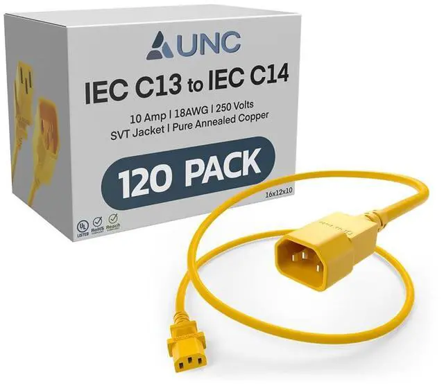 Main image of 120 Pack 1ft PDU Power Cable C13 to C14 10Amp 18AWG 250V SVT Jacket UL Listed, Yellow, 1 Foot