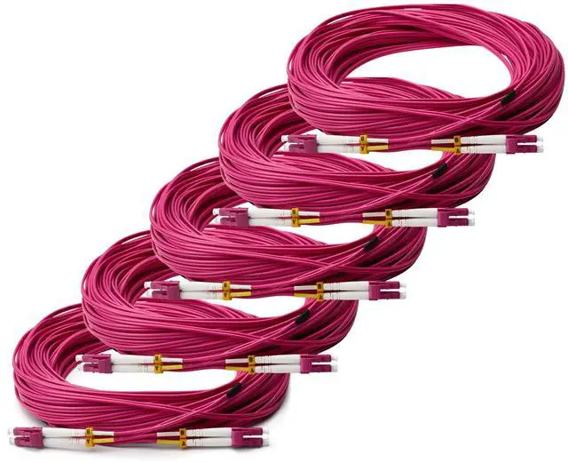 Main image of trueCABLE LC to LC OM4 Fiber Patch Cable, 25m (82.02ft), UPC Polish, 100GB Multimode (MM) Duplex 50/125um, Riser Rated (OFNR), UL Listed, 5 Pack, Violet