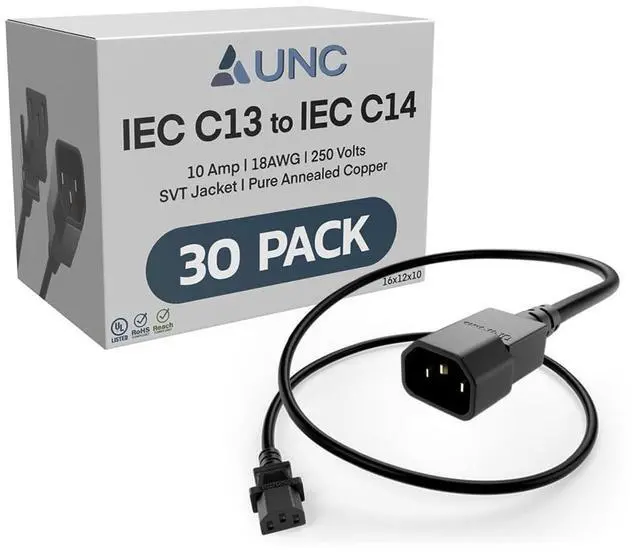 Main image of PDU Power Cable C13 to C14, 12 Foot - 30 Pack Black, 10 Amp - SJT 250V, UL Listed, 18AWG IEC Extension Cord, Reliable Server Rack Power Cable for PDU, UPS, Network Equipment, Data Centers