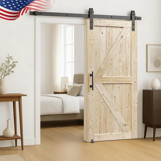 Main image of ® 36in x 84in Unfinished British Brace Knotty Barn Door with 6.6FT Sliding Door Hardware Kit/Solid Wood/Sliding Door/Double Surfaces/A Simple Assembly is Required
