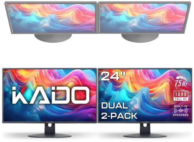 Main image of 2-Pack Dual 24" Flat Screen 1920x1080 75Hz FHD Computer Monitor | Dual Monitor Setup HDMI Office Gaming Hybrid, VESA Wall Mount Arm Mount Built-in Speakers, Panoramic Display Multi-tasking