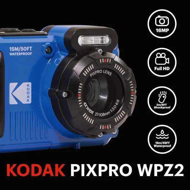 Alt view image 4 of 4 - Kodak PIXPRO WPZ2 Waterproof, Shockproof & Dustproof Camera (Blue) 16MP 4X Optical Zoom, Full HD Video + 32GB Memory Card, Camera Case & Microfiber Cloth
