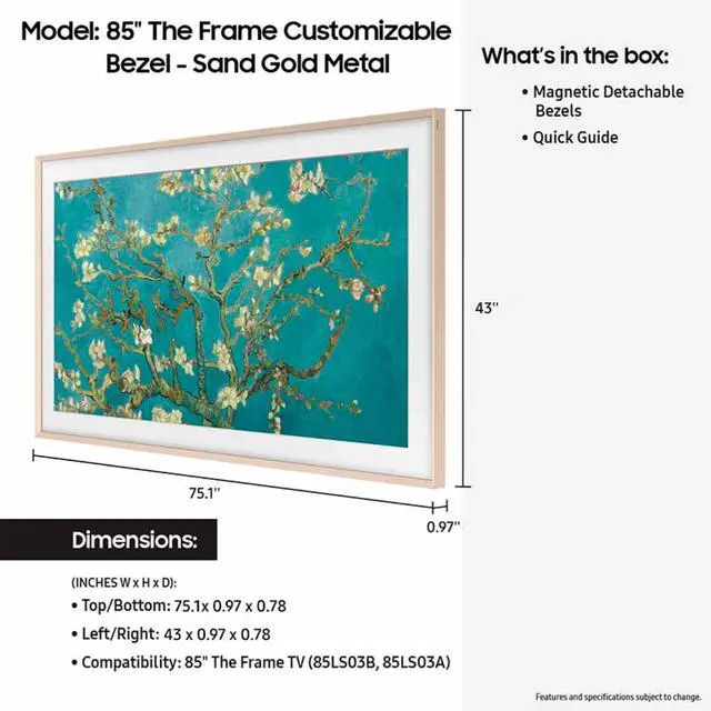 Alt view image 2 of 4 - 85 The Frame TV Customizable Bezel, Magnetic, Quick and Easy Installation, VG-SCFC85SGMZA, 2023, Sand Gold Metal
