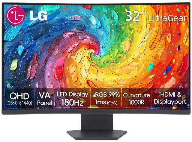 Main image of 32 Inch UltraGear QHD Curved Gaming Monitor, 180Hz, 1ms, AMD FreeSync, HDR10, 99% sRGB, 1000R Curve, Black Stabilizer, Dual Controller, HDMI & DisplayPort, 3-Side Borderless, Tilt Adjustment, Black