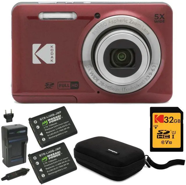 Main image of PIXPRO Friendly Zoom FZ55 Digital Camera (Red) Bundle with 32GB SD Card, Camera Case, and Battery Travel Charger (4 Items)