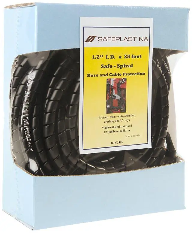 Main image of Caplugs SPPC Series Safeplast Pre-Cut Spiral Wrap, Hose & Cable Protector, Black HD-PE, 0.67" OD x Six 25' Pre-Cut Lengths (Total Length 150'), Hydraulic & Pneumatic Hoses (16PC25bk)