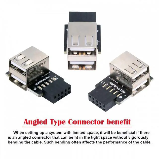 Alt view image 2 of 7 - Cablecc 3pcs/set 9Pin/10Pin Motherboard Front Panel Header Female to Dual USB 2.0 Female Adapter Vertical Angled Type 90 Degree U2-075-2P