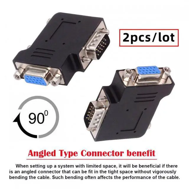 Alt view image 4 of 7 - 2pcs/lot Left & Right Angled 90 Degree VGA RGB HDB15Pin Screw Type Male to Female Nut Type Extension Adapter for Monitor Displays