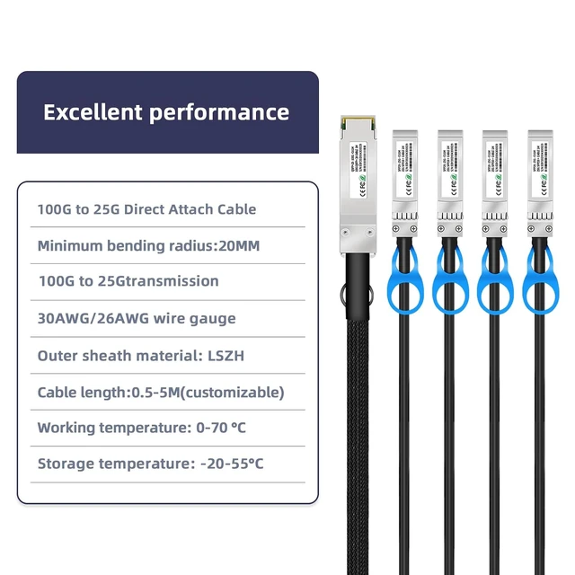 Alt view image 2 of 7 - 100G QSFP28 to 4xSFP+ 25G Passive Direct Attach Copper Cable 4M/13FT Breakout Stacking Cable for Switch/Server/Fiber Optic transceiver,1-to-4 DAC
