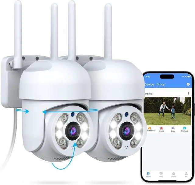 Main image of OOSSXX (2026 New) 2 Pack Outdoor WiFi Security Cameras 3MP, PTZ Pan Tilt with Dual Antennas, 2.4/5GHz Dual-Band WiFi, Free App, No Monthly Fee, Human Detection, Color Night Vision, 2-Way Audio, IP65