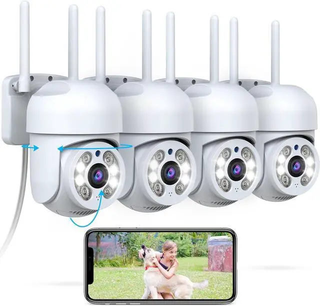 Main image of OOSSXX (2026 New) 4 Pack Outdoor WiFi Security Cameras 3MP, PTZ Pan Tilt with Dual Antennas, 2.4/5GHz Dual-Band WiFi, Free App, No Monthly Fee, Human Detection, Color Night Vision, 2-Way Audio, IP65