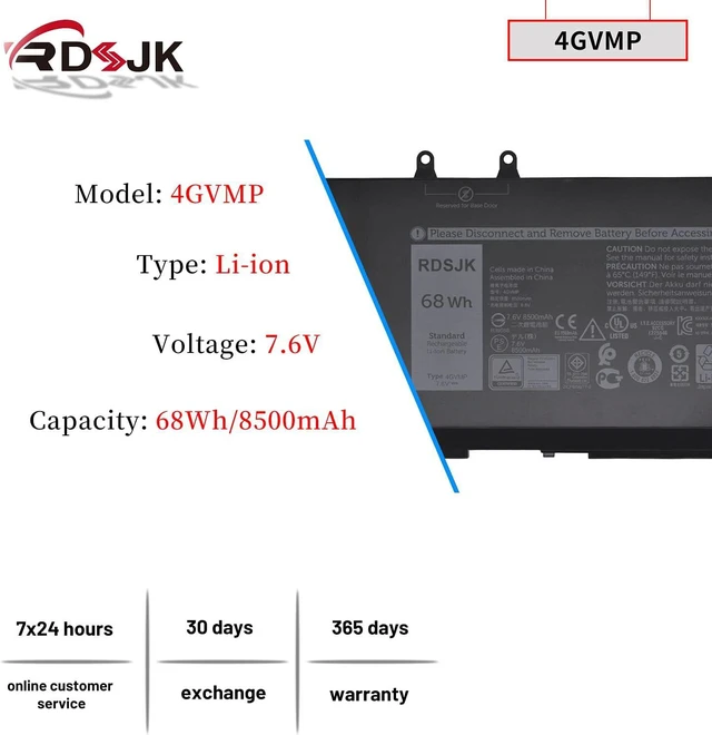 Alt view image 2 of 7 - 4GVMP Laptop Battery for Dell Latitude 5400 5410 5500 5510 Precision 3540 3550 Inspiron 7590 7591 7791 2-in-1 Series 1V1XF R8D7N RF7WM 0RF7WM 9JRYT 09JRYT 0X77XY 0C5GV2 7.6V 68Wh 4-Cell