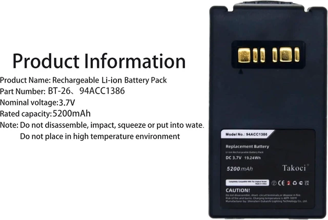 Alt view image 3 of 7 - Replacement Battery for Datalogic Falcon X3, Falcon X3 Plus, Falcon X3+, Falcon X4,fits Part No 94ACC1386, BT-26, 3.7V 5200mAh
