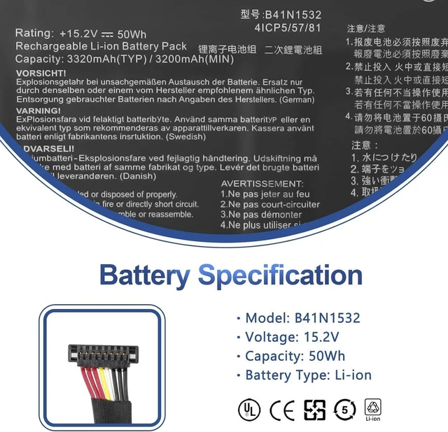 Alt view image 2 of 7 - B41N1532 Compatible with Asus Q504U Q504UA Q534UA Zenbook Flip UX560 UX560UA Q504UAK UX560UA-1B UX560UA-FZ015T Q504UA-BBI5T12 BI5T26 0B200-02010100 15.2V 50Wh