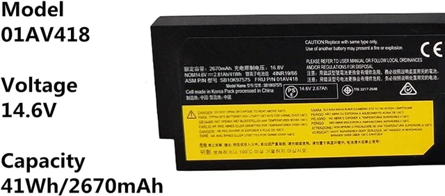 Alt view image 2 of 4 - 14.6V 41Wh 83 01AV418 SB10K97575 01AV414 01AV415 01AV416 01AV417 SB10K97574 SB10K97571 SB10K97572 Batería de Repuesto para computadora portátil Compatible for Lenovo ThinkPad E570 E570C E575 Series