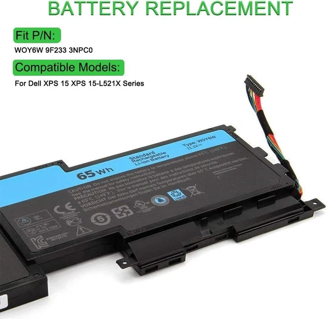 Alt view image 2 of 7 - 11.1V 65Wh WOY6W 9F233 3NPC0 Compatible for Dell XPS 15 XPS 15-L521X Series