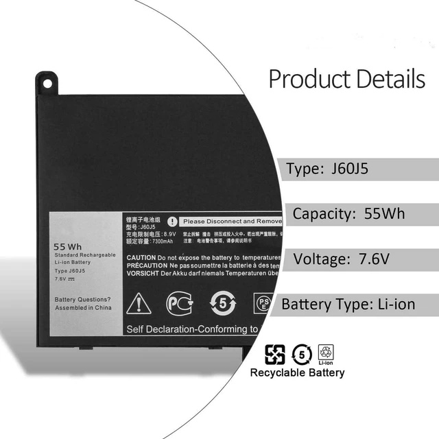 Alt view image 2 of 7 - 7.6V 55WH MC34Y J60J5 242WD 1W2Y2 GG4FM Batería de Repuesto para computadora portátil Compatible for Dell Latitude E7270 P26S001 E7470 P61G001 R1V85 451-BBSX 451-BBSY 451-BBSU Series