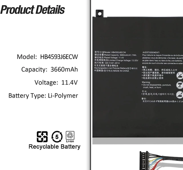 Alt view image 2 of 7 - 11.4V 41.7Wh/3660mAh HB4593J6ECW HB4593J6ECW-31 Compatible for MateBook 13 2018 2019 2020 WRT-W19 WRT-WX9 WRT-W29 WRT-W29E HN-W19R HN-W29R HN-W19L WRTB-WFE9L Series