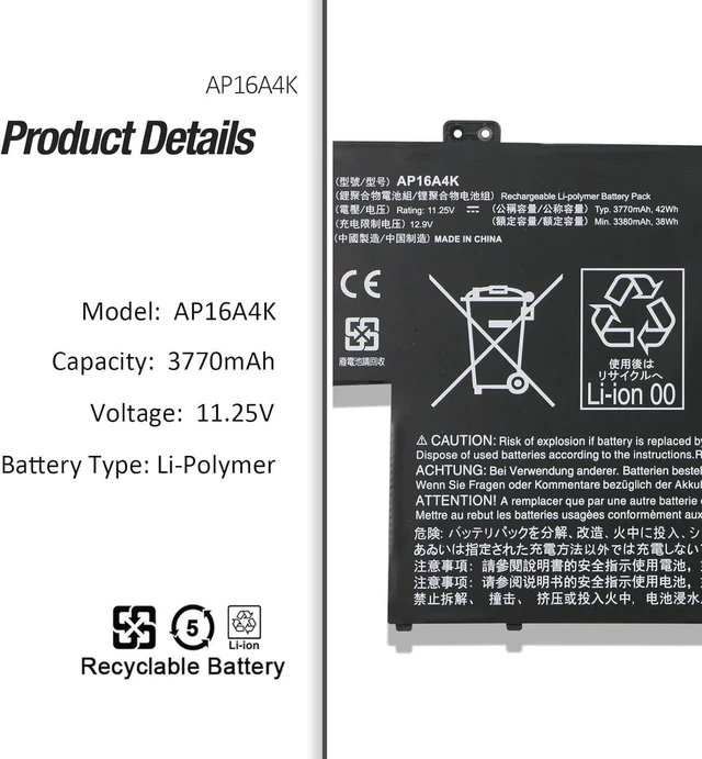 Alt view image 2 of 7 - 11.25V 42Wh/3770mAh AP16A4K Compatible for Acer Swift 1 SF113-31 Aspire One 11 AO1-132 AO1-132-C5MV AO1-132-C3T3 AO1-132-C0QL SF113-31-P5CK SF113-31-P13P Series