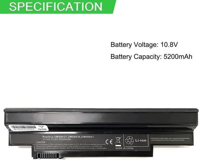 Alt view image 2 of 6 - 10.8V 5200mAh UM09H31 Compatible for Acer Aspire One 253h NAV50 532 532h AO532h 532G AO532G UM09C31 UM09G31 UM09H36 UM09H41 UM09G41 UM09H71 UM09G51