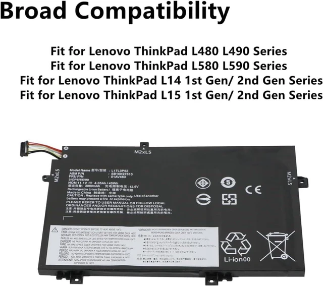 Alt view image 3 of 4 - 11.1V 45Wh L17L3P52 01AV463 L17C3P52 01AV466 L17M3P53 SB10K97610 SB10K97611 Compatible for Lenovo ThinkPad L480 L490 L580 L590 L14 Gen 1 Gen 2 L15 Gen 1 Gen 2 Series