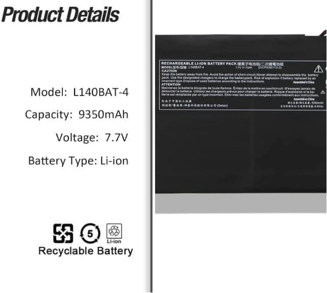 Alt view image 3 of 7 - 7.7V 9.6AH 73WH 9350mAh L140BAT-4 Replacement Laptop Battery Compatible for CLEVO L140CU L141CU L140MU L141MU 6-87-L140S-72B01 6-87-L140S-32B01