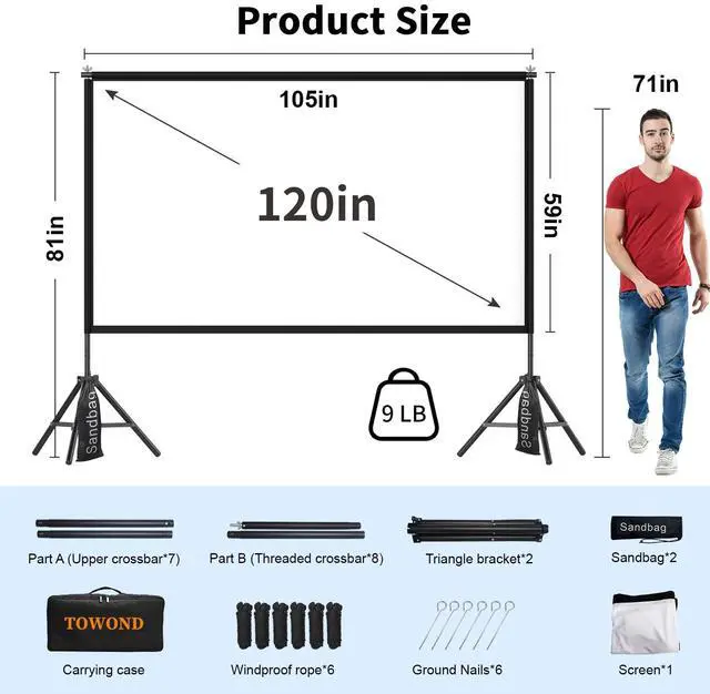 Alt view image 5 of 7 - Projector Screen with Stand,120 inches Indoor Projector Screen Outdoor Portable 16:9 4K HD Rear Front Projection Movie Screen with Carry Bag Wrinkle-Free Design for Backyard Theater