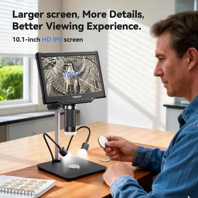 Alt view image 2 of 7 - DM10 10.1" Digital Microscope: 1080P 1200X HD IPS Coin Microscope Magnifier for Error Coins with Light, 16MP LCD Soldering Microscopes for Adults with Screen, PC View