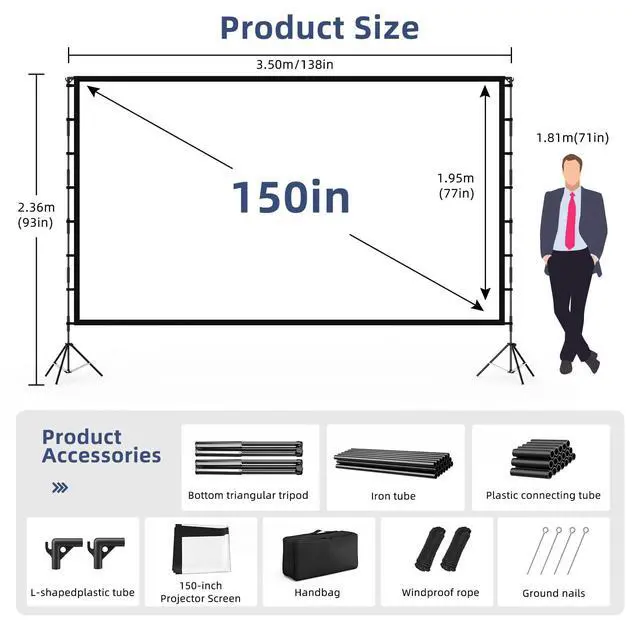 Alt view image 2 of 7 - 150 Inch Projector Screen with Stand, 16:9 4K HD Portable Outdoor/Indoor Movie Screen, Anti-Wrinkle Polyester Fabric with Carry Bag for Home Theater Backyard Camping