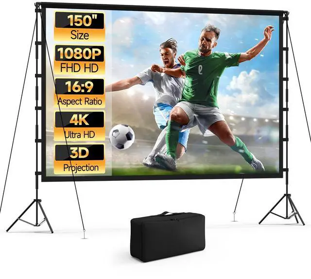 Main image of 150 Inch Projector Screen with Stand, 16:9 4K HD Portable Outdoor/Indoor Movie Screen, Anti-Wrinkle Polyester Fabric with Carry Bag for Home Theater Backyard Camping