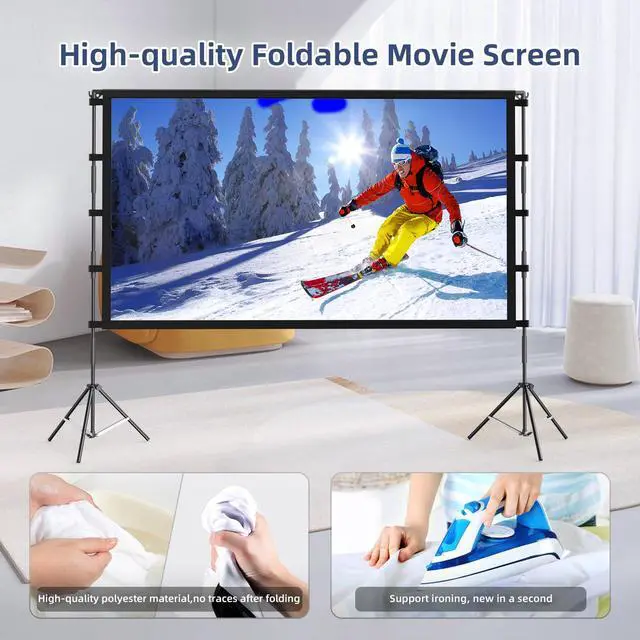Alt view image 4 of 7 - 150 Inch Projector Screen with Stand, 16:9 4K HD Portable Outdoor/Indoor Movie Screen, Anti-Wrinkle Polyester Fabric with Carry Bag for Home Theater Backyard Camping