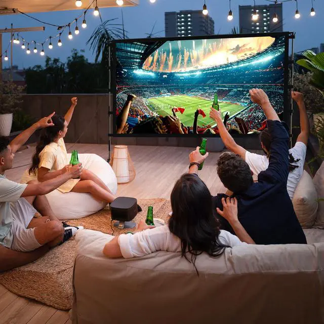 Alt view image 6 of 7 - 150 Inch Projector Screen with Stand, 16:9 4K HD Portable Outdoor/Indoor Movie Screen, Anti-Wrinkle Polyester Fabric with Carry Bag for Home Theater Backyard Camping
