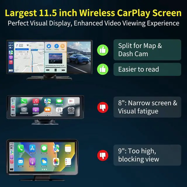 Alt view image 3 of 7 - Largest 11.5 inch Wireless CarPlay Screen for Car, A-pple CarPlay & Android Auto HD Touchscreen with 4K Dash Cam/1080P Backup Camera/Navigation/Bluetooth/Voice Control/FM/Mirror Link,for All Vehicles