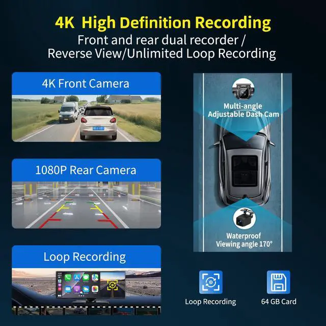 Alt view image 4 of 7 - Largest 11.5 inch Wireless CarPlay Screen for Car, A-pple CarPlay & Android Auto HD Touchscreen with 4K Dash Cam/1080P Backup Camera/Navigation/Bluetooth/Voice Control/FM/Mirror Link,for All Vehicles