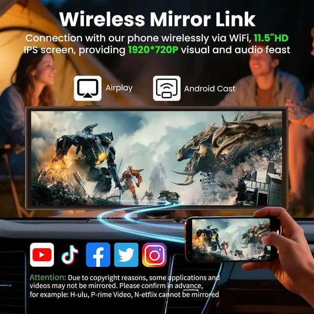 Alt view image 7 of 7 - Largest 11.5 inch Wireless CarPlay Screen for Car, A-pple CarPlay & Android Auto HD Touchscreen with 4K Dash Cam/1080P Backup Camera/Navigation/Bluetooth/Voice Control/FM/Mirror Link,for All Vehicles